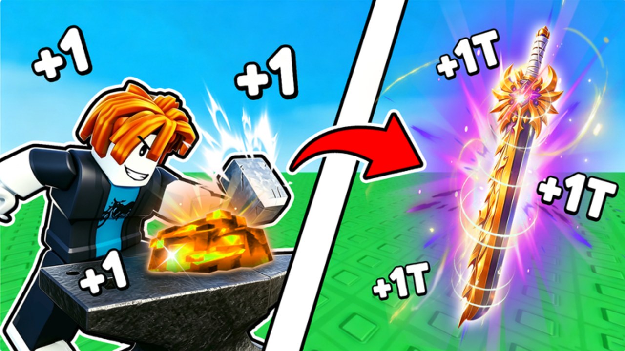 Loot To Forge Roblox cover art with a warrior forging glowing gear